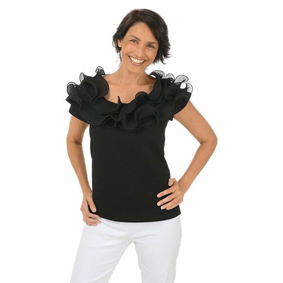 NWT SIONI MILANO BLACK KNIT RUFFLE COLD SHOULDER BLOUSE TOP MEDIUM - Picture 1 of 10